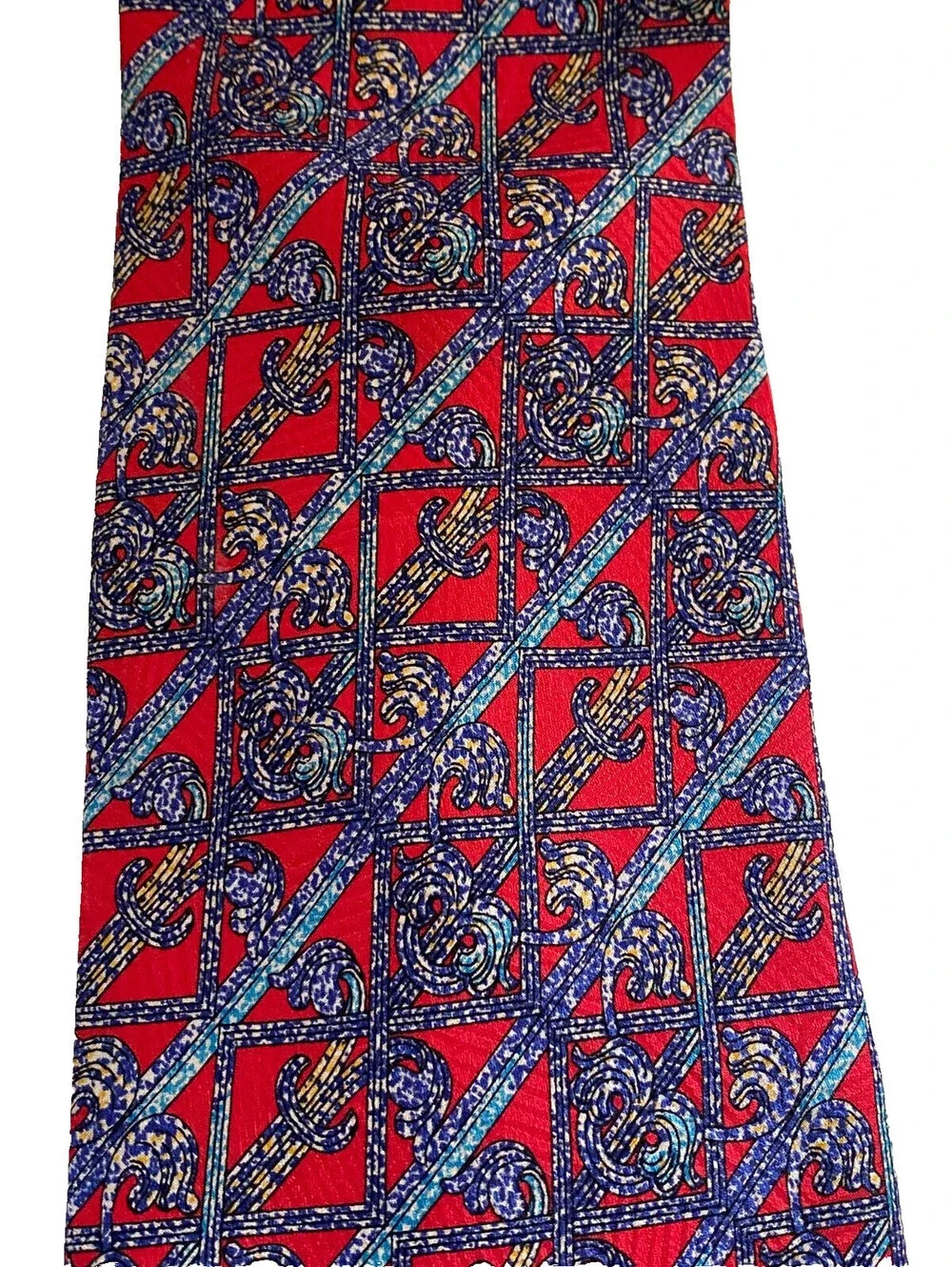 Brioni Mens Red Blue Fence Pattern Silk Tie Necktie Made in Italy Gold Chain